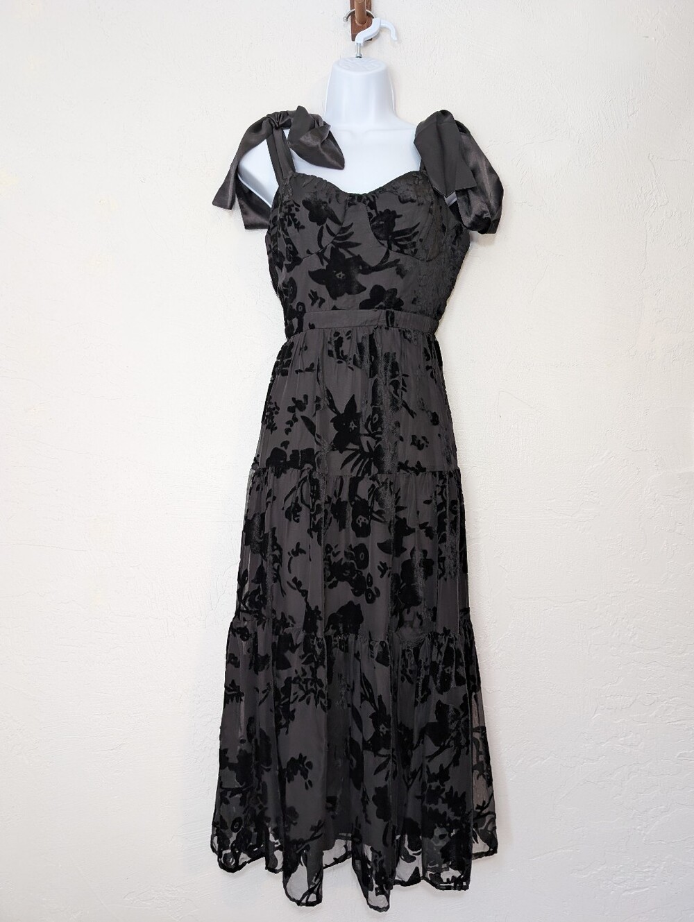 Lulu's Black Floral Burnout Maxi Dress Bow Tie Straps Whimsigoth Dark Romantic